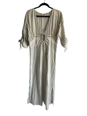 MIRTH Striped V-Neck Tie Front Maxi Dress in Cream and Olive, Size Large